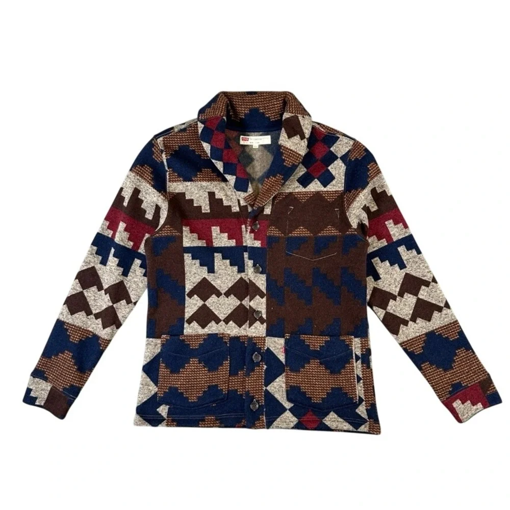 Levis Mens Southwestern Fleece Shawl Collar Button Cardigan Jacket Brown Blue L